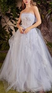 New long blue strapless corset lace applique layered tulle dress